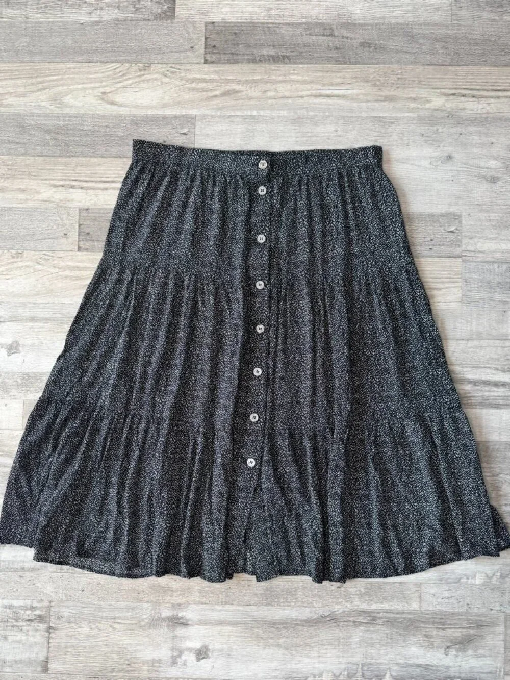 Talbots Black Polka Dot Button Front Tiered Midi Skirt Size XL Elastic Waist K34